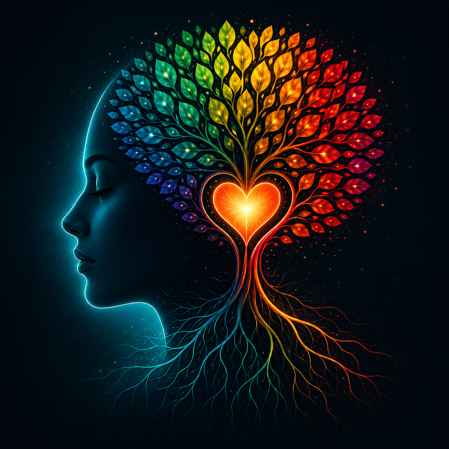 Illustration of a head in profile with a glowing rainbow-colored tree of emotions growing from a heart